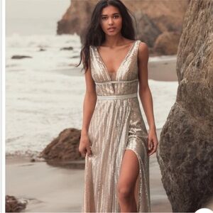 Mac Duggal Champagne Sequin V-Neck Gown with Thigh Slit